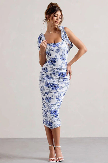 Sweet Floral Tie-Waist Bodycon Floral Dress
