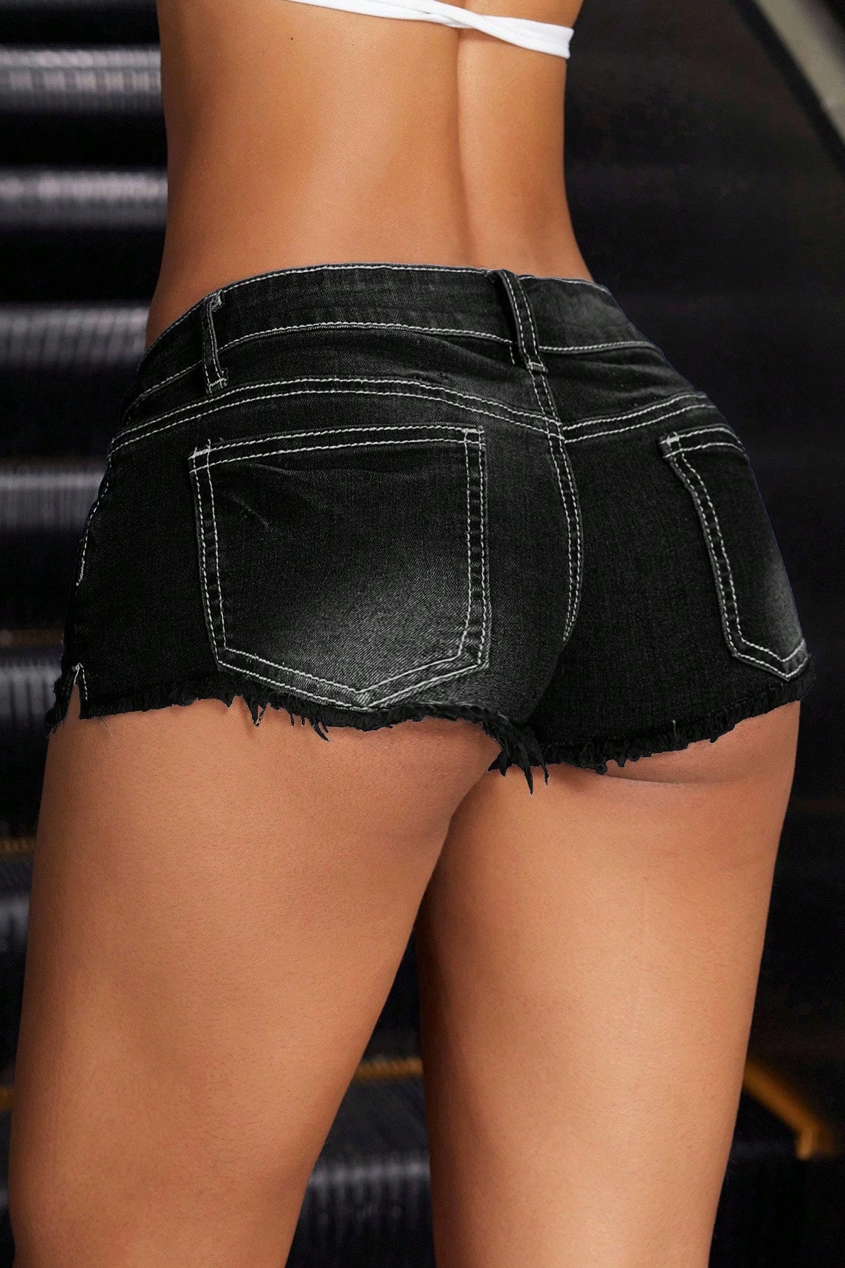 Low Rise Frayed Hem Bodycon Denim Micro Shorts