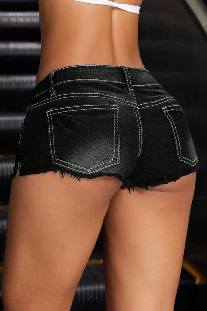 Low Rise Frayed Hem Bodycon Denim Micro Shorts