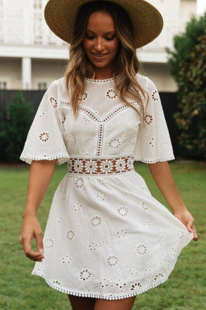 Cutout Round Neck Short Sleeve Boho Dress
