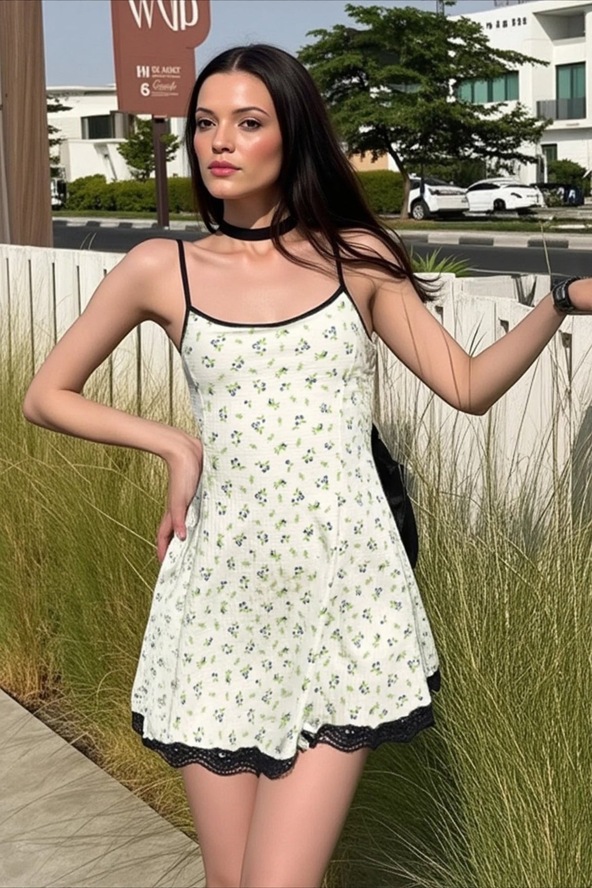 Floral Print Waist Cinch A Line Slip Dress
