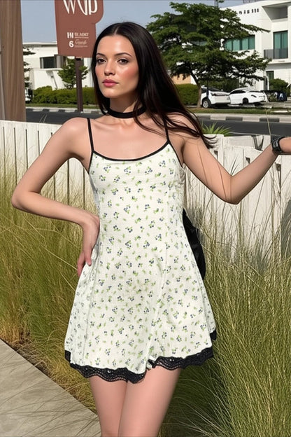 Floral Print Waist Cinch A Line Slip Dress