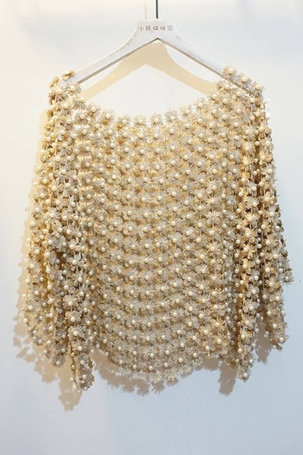 Three-Dimensional Floral Beaded Openwork Blouse