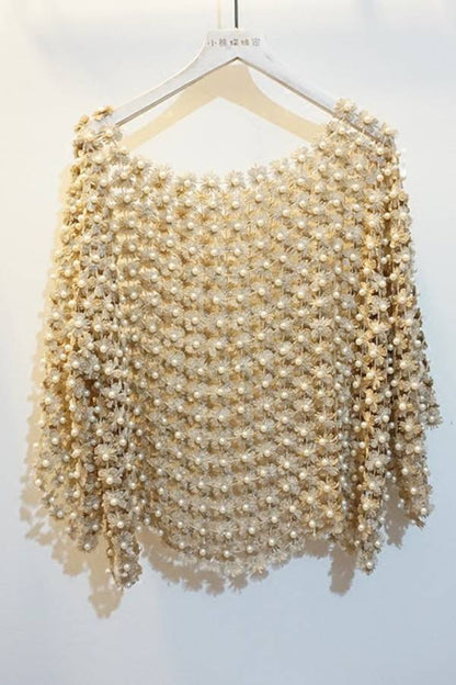 Three-Dimensional Floral Beaded Openwork Blouse