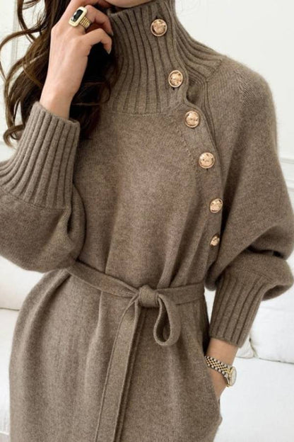 Diagonal‑Button Turtleneck Waist‑Tie Knit Midi Dress