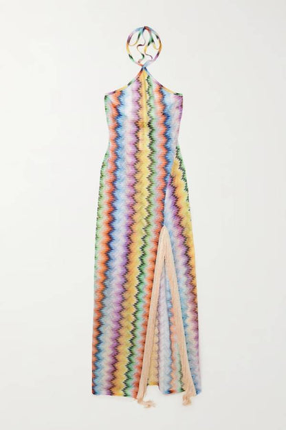 Playful Knit Colorful Zigzag Pattern Halter Slit Tassle Trim Maxi Dress