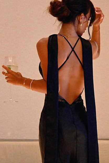 Elegant Choker Neck Lace Evening Slip Dress
