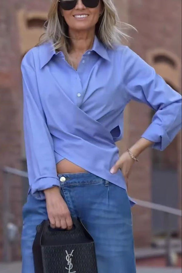 Unique Street Button Up Long Sleeve Slit and Tie-up Hem Blouse