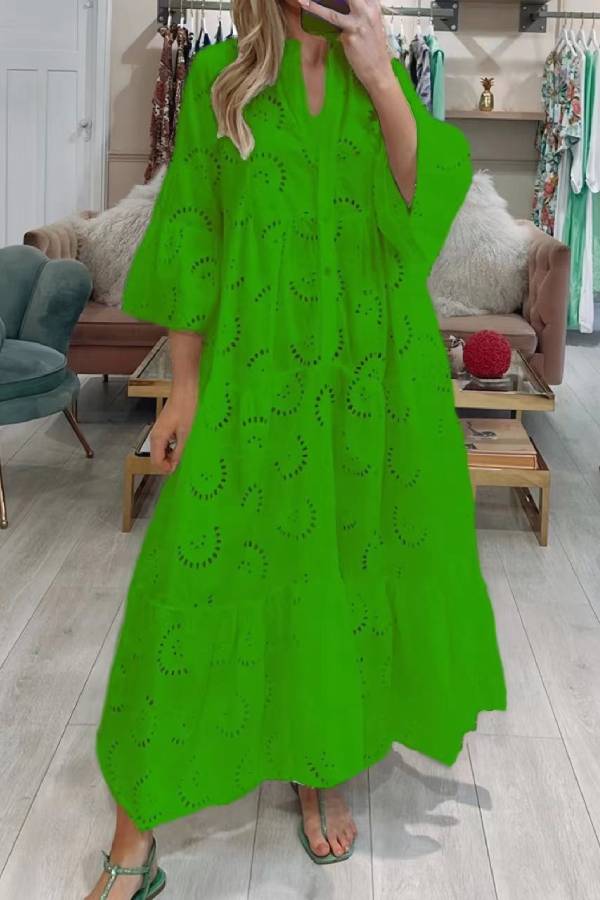 Eyelet Embroidery Maxi Dress Stand Collar Half Button 3/4 Flare Sleeve Loose Beach Vacation Dress