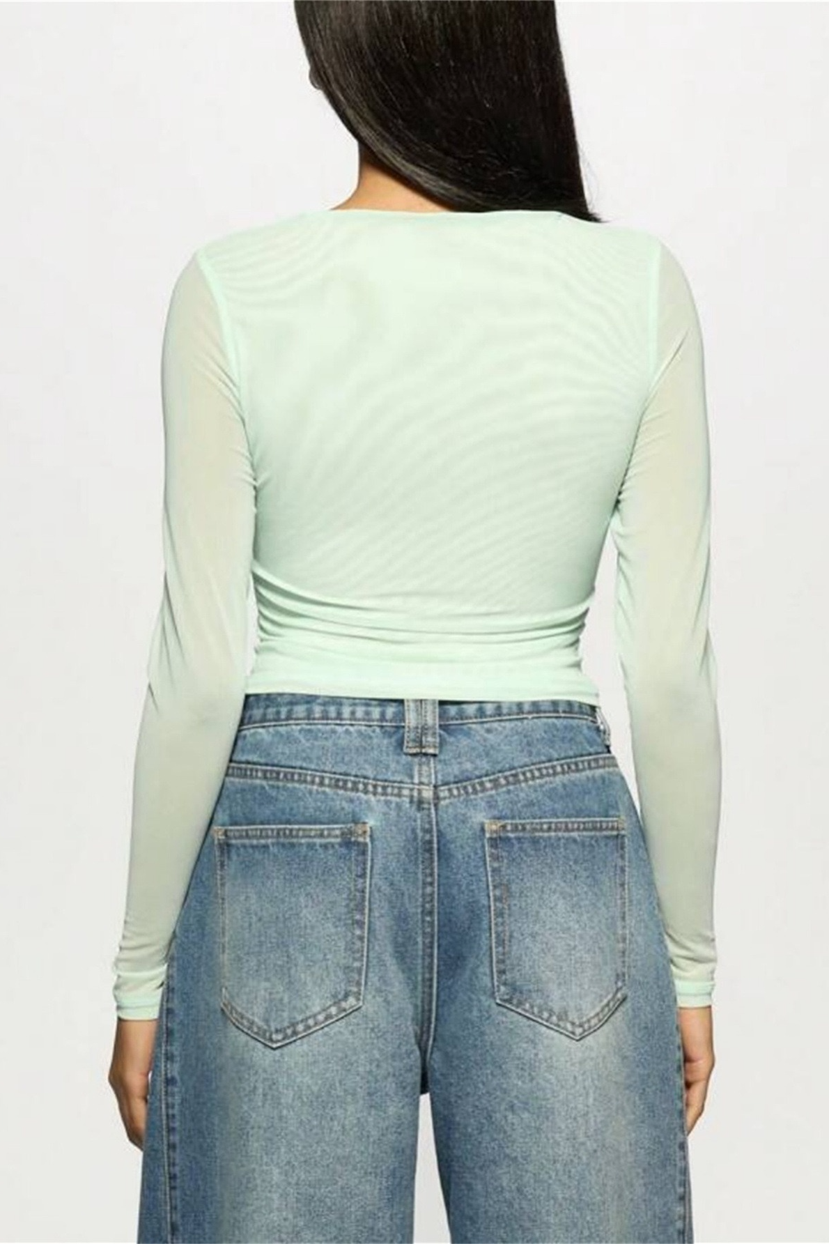 Printed Slim Mesh Sheer Cutout Long Sleeve Crop Top