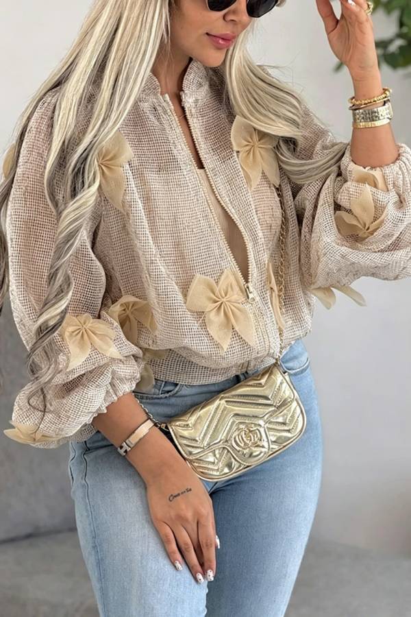 Lynn Cut-out Fabric Tulle Bow Detail Zipper Stand Neck Long Sleeve Jacket