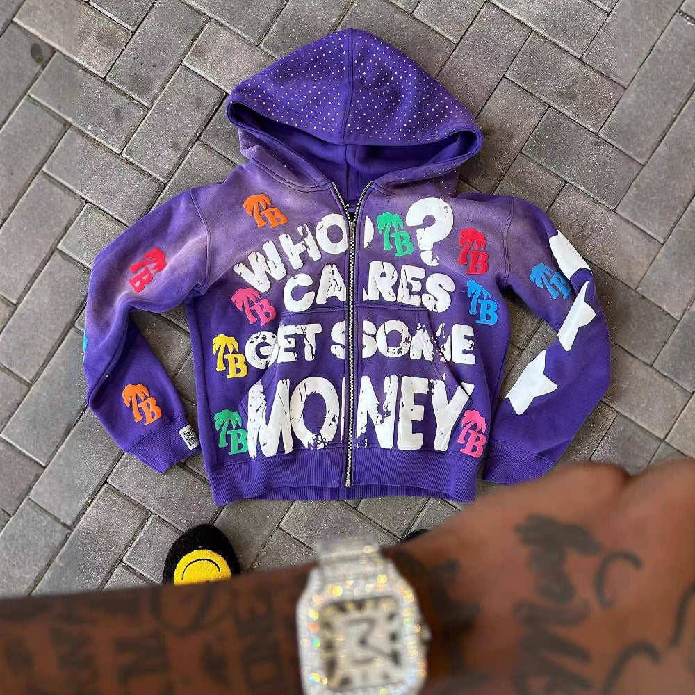 Letter Print Zip Up Hoodie