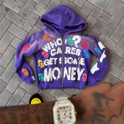 Letter Print Zip Up Hoodie