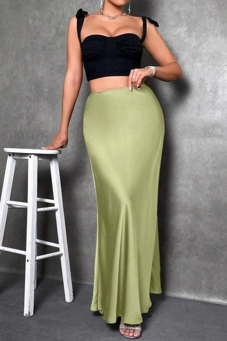Silky Solid High Waist Satin Maxi Skirt