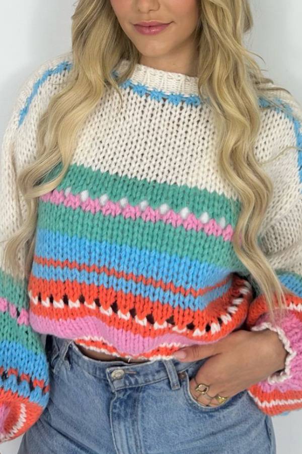 Rainbow Mood Multicolor Round Neck Hollow Long Sleeve Knitted Sweater