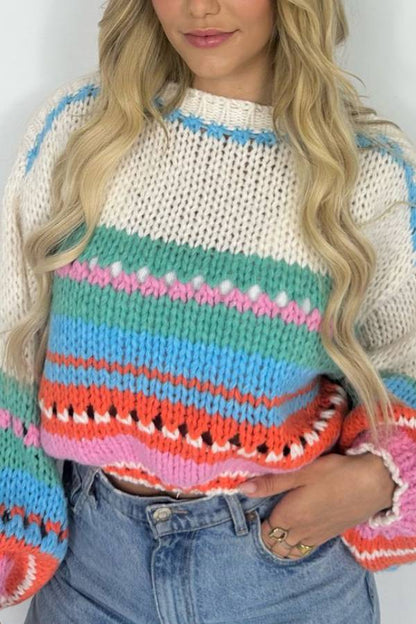 Rainbow Mood Multicolor Round Neck Hollow Long Sleeve Knitted Sweater