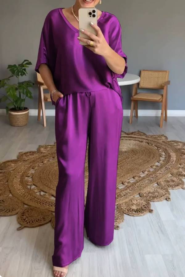 Solid color mercerized V-neck casual suit