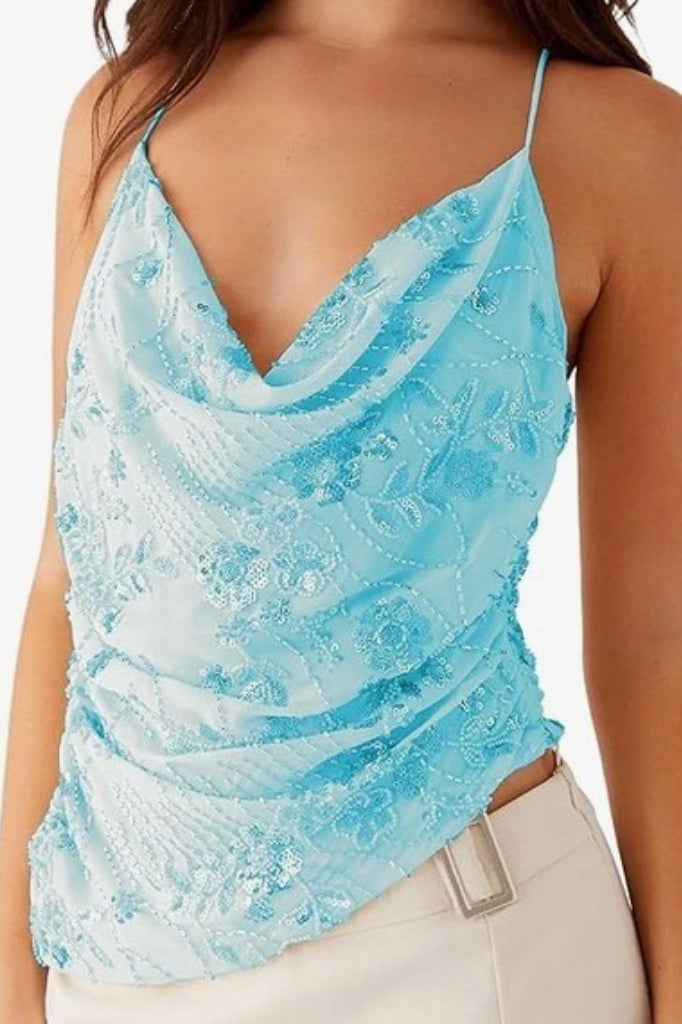Printed Sequin Back Tie Tank Top