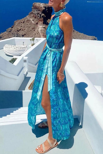Bohemian Unique Print Slit Belted High Collar Maxi Dress