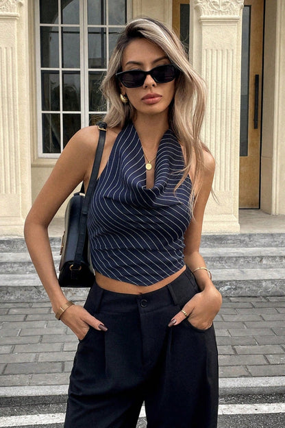 Elegant Stripe Halter Sleeveless Backless Draped Halter Top