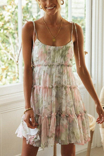 Floral Print Tie Shoulder Tiered Ruffle Babydoll Mini Dress