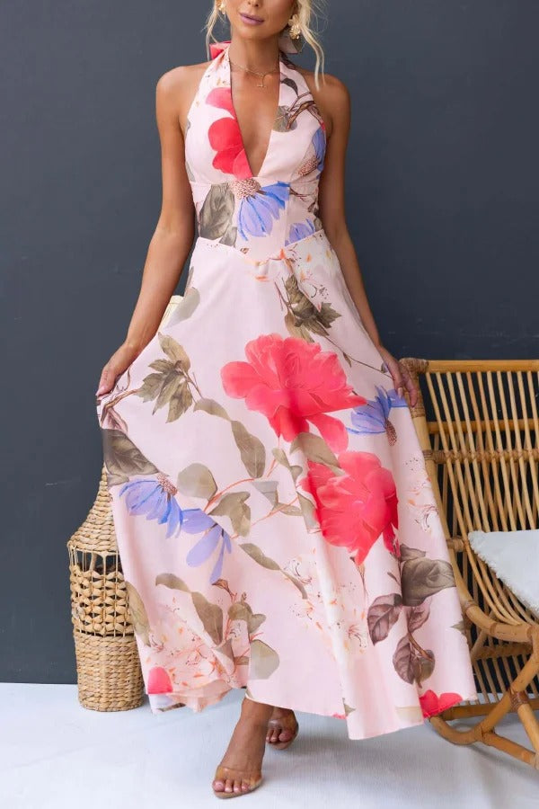Floral Print V-neck Backless Tie-up Fitted Waist Elegant Maxi Dress