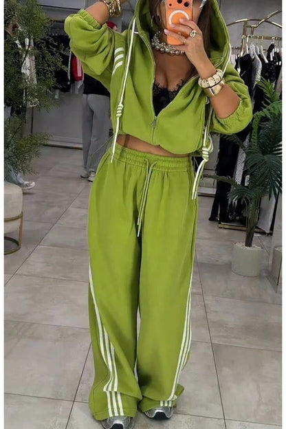 Fashionable Sporty Color-blocked Stripes Zip-up Hooded Sweatshirt and Elastic Waist Pocket Pants Set