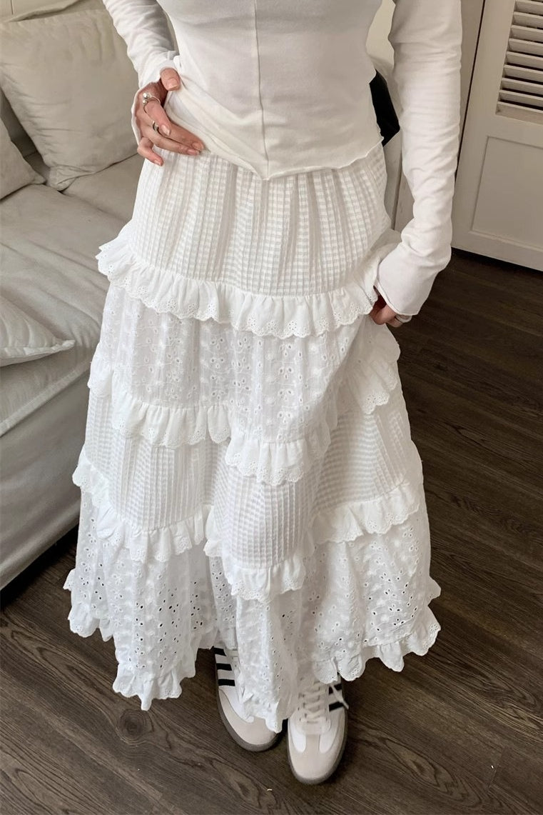 White Lace Tiered High Waist Boho Skirt