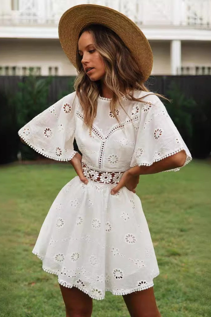 Cutout Round Neck Short Sleeve Boho Dress