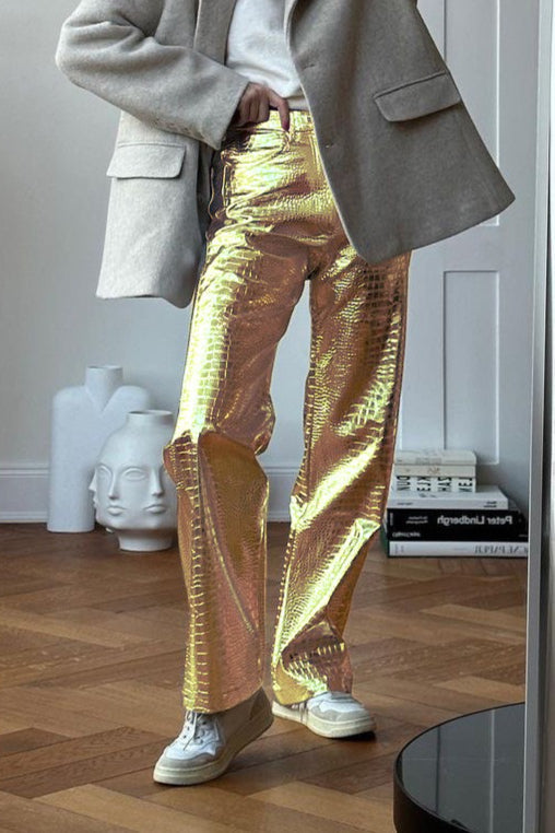 PU Leather Scale High Waist Long Pants