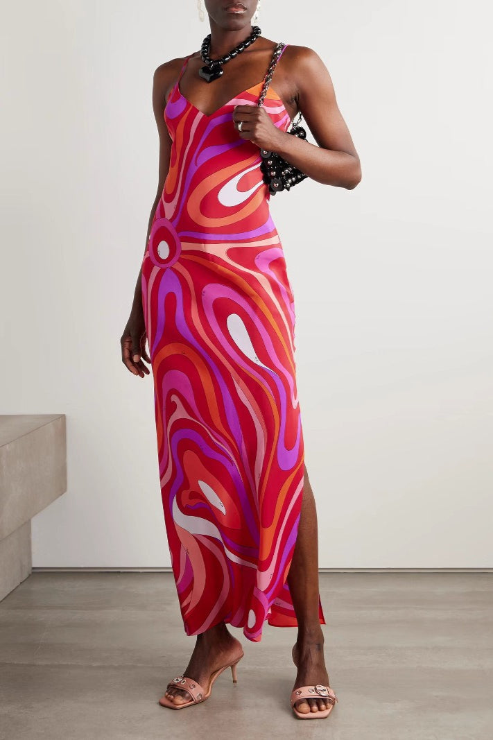 Printed Satin Cami Slit Silk Dress