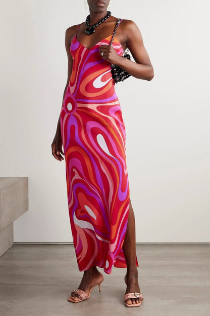 Printed Satin Cami Slit Silk Dress