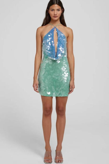 Sequin Halter Keyhole Cut Out Backless Bodycon Mini Dress