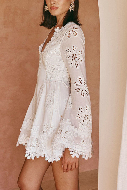 Eyelet Lace Deep V-Neck Long Sleeve Scalloped Trim Side Tie Mini Dress