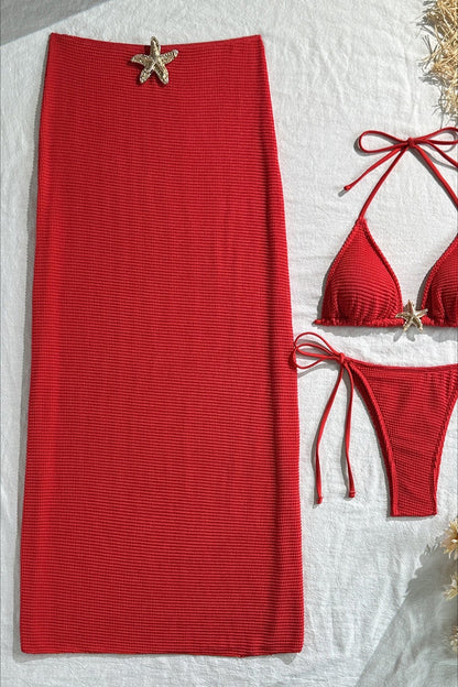 Mesh Long Skirt Starfish Detail Three Piece Swim Set