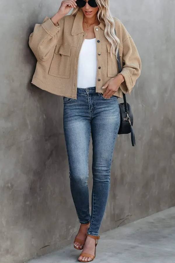 Women's Waffle Cardigan Short Top Jacket