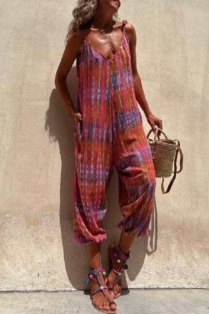 V-neck Printed Loose Lace-up Jumpsuit