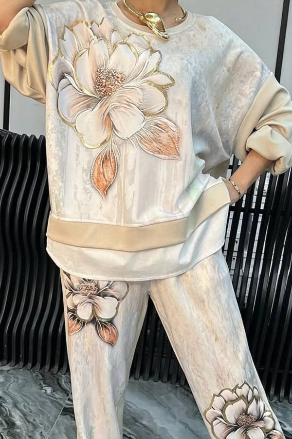Chinese Style Floral Print Two Piece Set Mock Neck Batwing Top & Jogger Pants Co-Ord