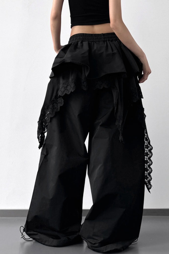 Lace Skirt Hem Trim Wide Leg Casual Pants