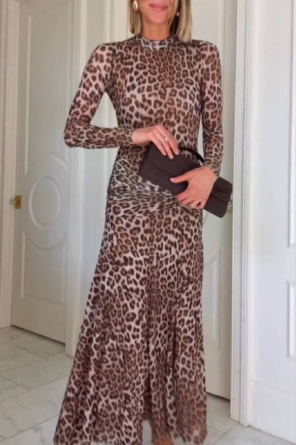 Retro leopard print high collar slim floor-length dress