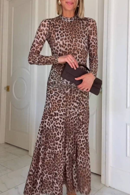 Retro leopard print high collar slim floor-length dress