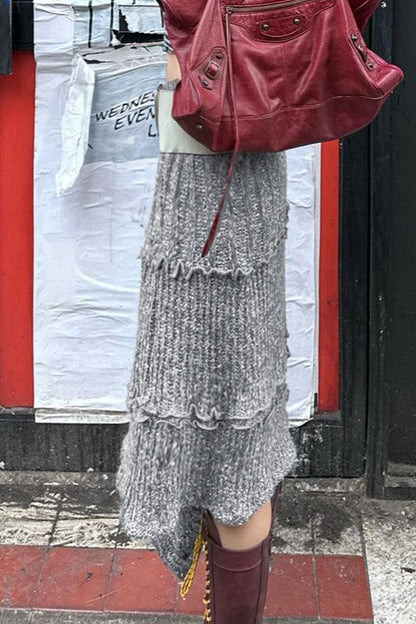 Knit Asymmetric Hem Ruffle Skirt