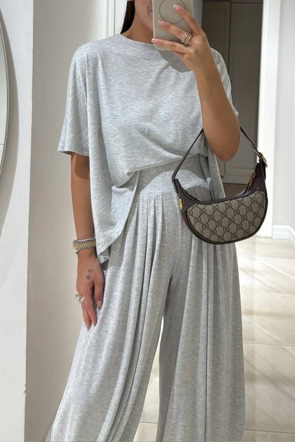 Light Grey Casual Top and Wide-leg Pants Set