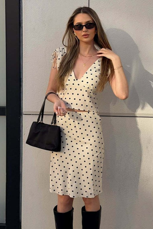 Polka Dot V Neck Tie Slim Midi Skirt Set