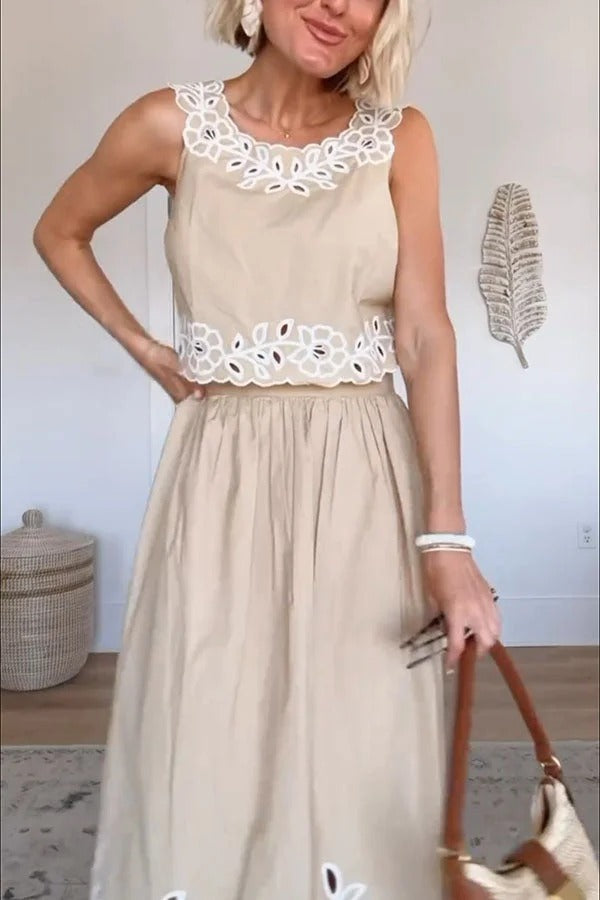Vacation Season Floral Eyelet Poplin Tank and High Rise Elastic Waist Midi Skirt