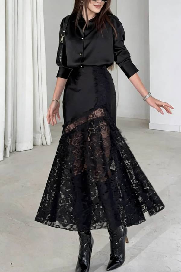 Solid Color Silk Satin and Lace Spliced elegant Maxi Skirt
