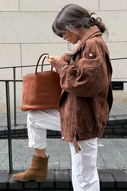 Oversized Suede Bomber Jacket