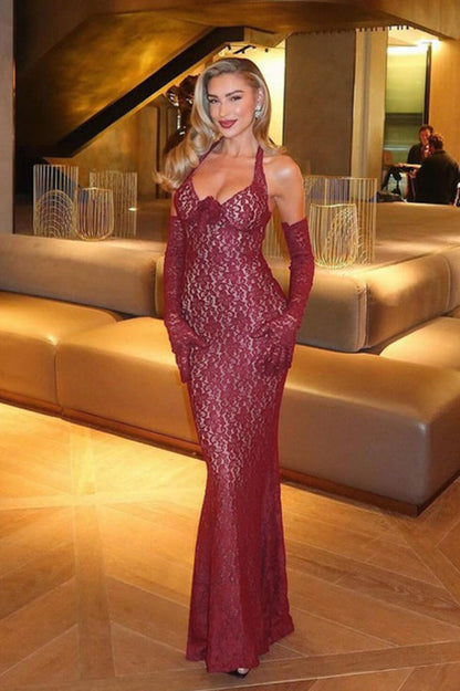 Lace Halter Neck Deep V Neck Rosette Bust Mermaid Maxi Gown