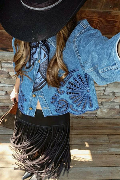 Karoline Denim Embroidered Flower Cutout Design Button Long Sleeve Jacket