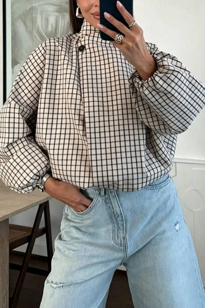 Contrast Color Decorative Plaid Pattern Button Balloon Sleeve Pocket Bomber Jacket
